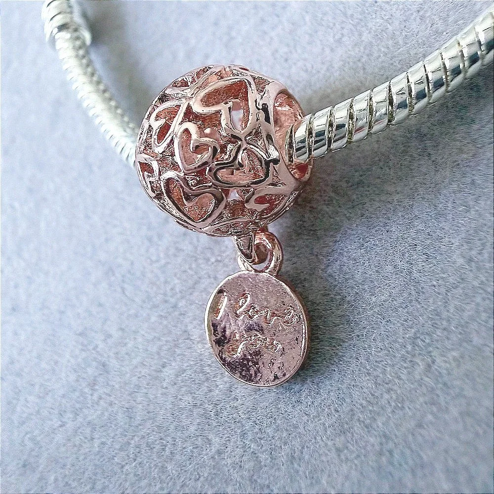 Rose Gold Holo Heart I Love You Dangle European Charm Bead fits PANDORA